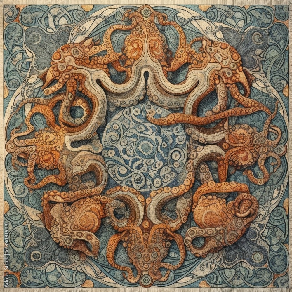 AI generated illustration of a vibrant and intricate pattern of an octopus with its tentacles