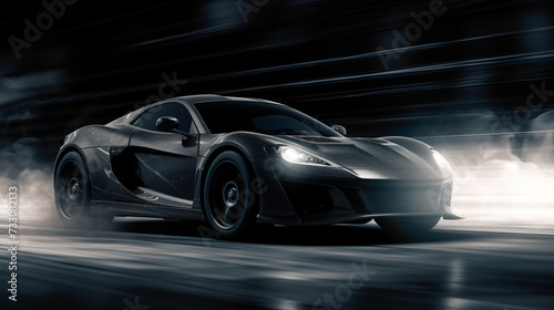 A sleek black sports car speeds through a dark  dramatic environment  its aerodynamic design illuminated by headlights and surrounded by swirling mist         