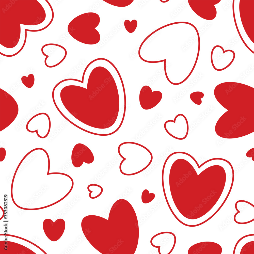 Seamless pattern red hearts on white background.
