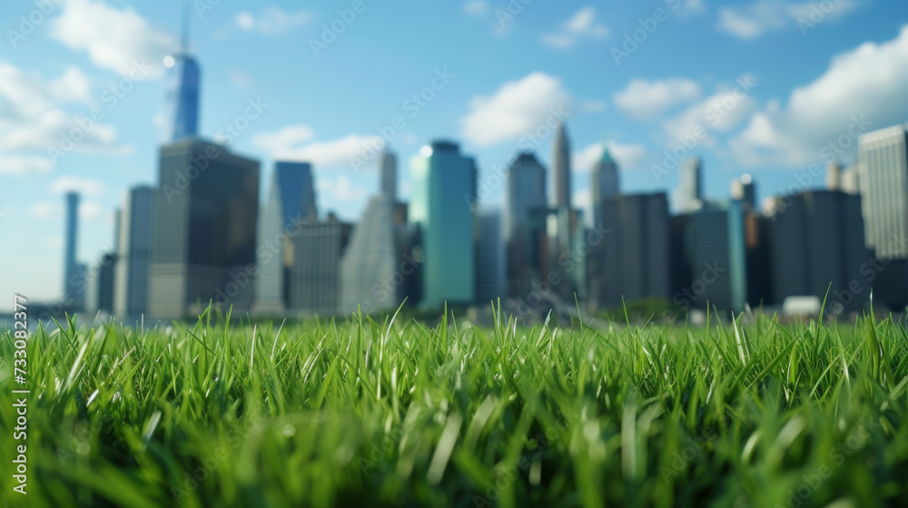 Obraz premium Green grass with the cityscape in the background.