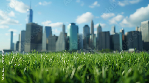 Green grass with the cityscape in the background.