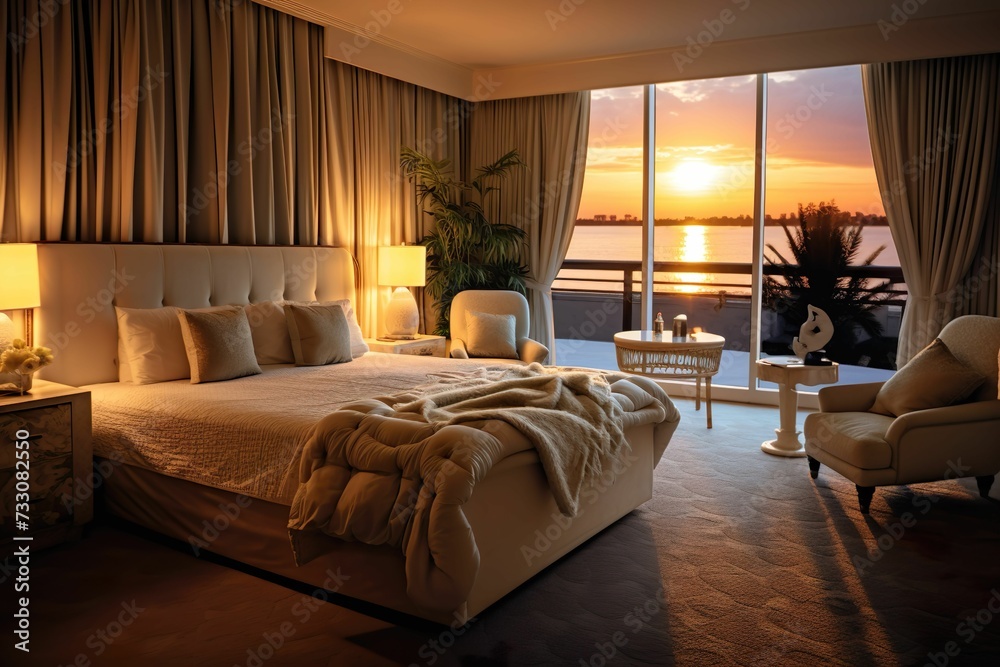 AI generated bedroom with windows open and with view of the ocean in the background