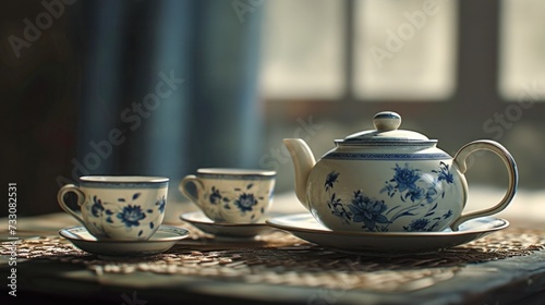 Still life of vintage teacup and teapot set. Copy space. AI generated.