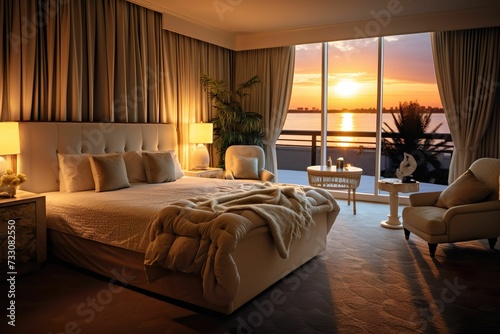 AI generated bedroom with windows open and with view of the ocean in the background © Wirestock