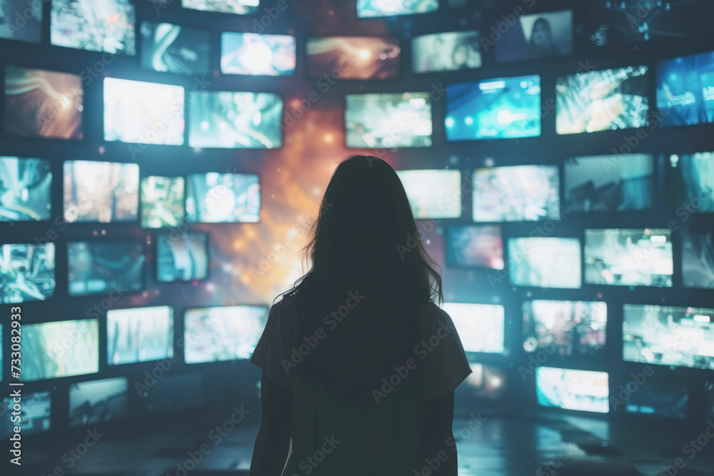 Video archives concept. Human around multiple screens. Video archives concept. Human around multiple screens.