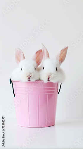 A white fluffy rabbit looks out of a pink bucket. Copy space. Greeting card concept. Generative AI © AngrySun