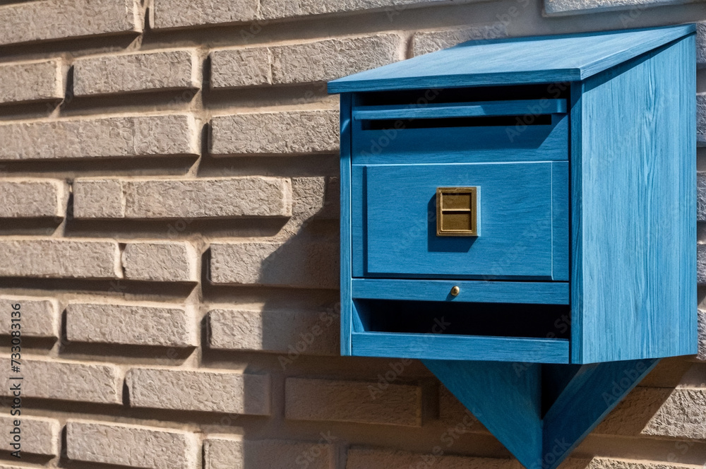 Blue wooden Mailboxes in an house residential building outside. Modern numbered mailbox box outdoors, creative design mail backgrounds. Urban correspondence concept. Copy ad text space. Generated Ai