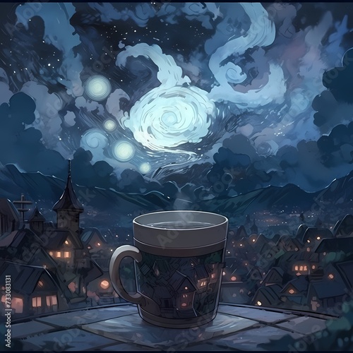 Enchanted Evening Coffee - Whimsical Night Sky Over Quaint Village © RobertGabriel