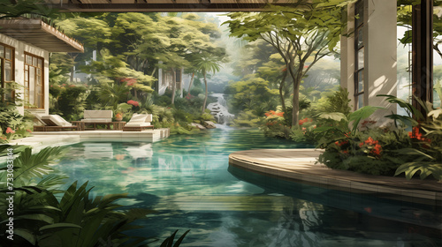 Tranquil pool amidst lush gardens, blending earthy tones with intricate details. © Miracle Arts