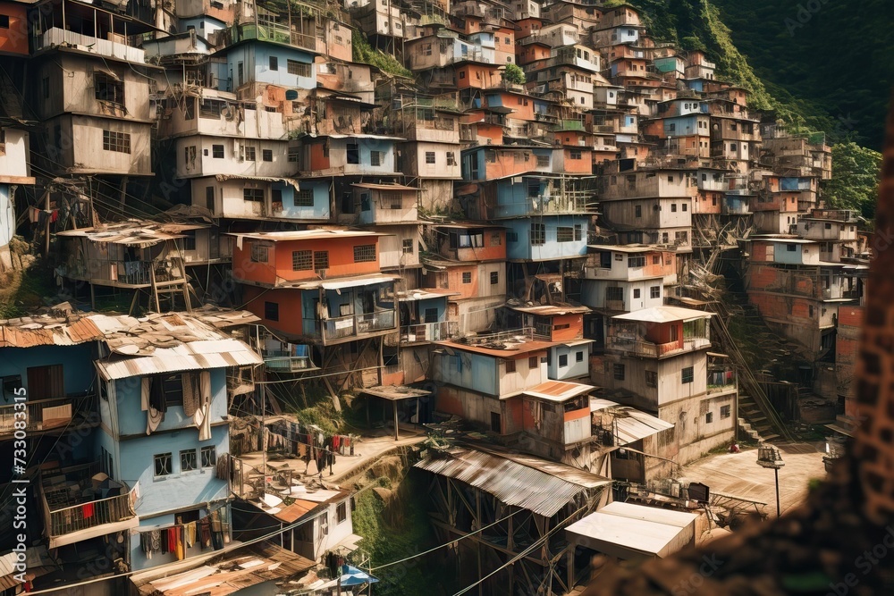 Vibrant favela neighborhood in Brazil, AI-generated.
