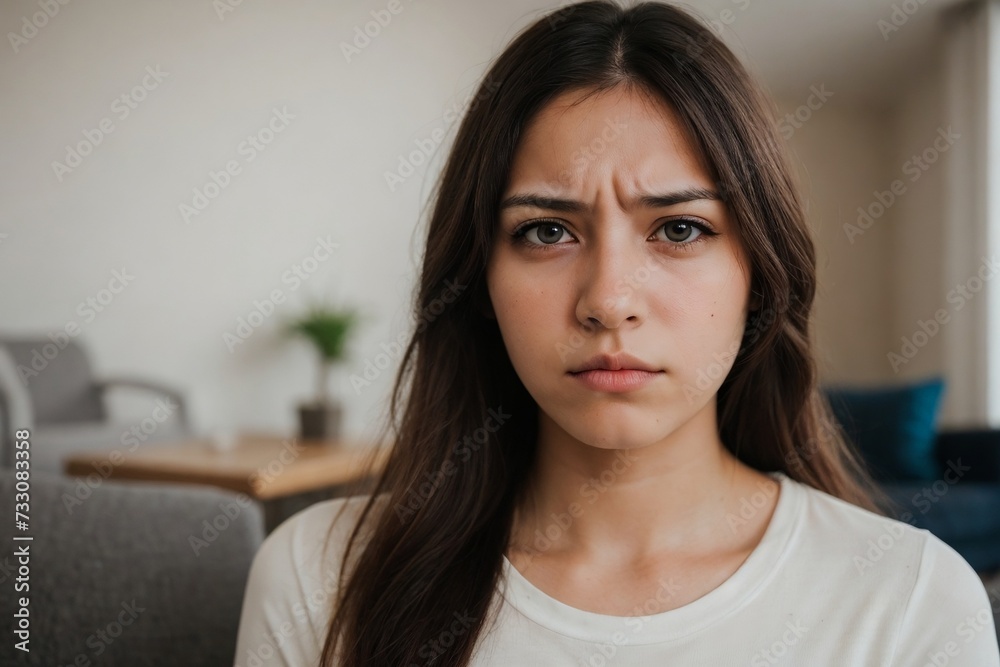 Young woman sitting in the living room and suffering from headache or illness. Young woman sitting in the living room and suffering from headache or illness.