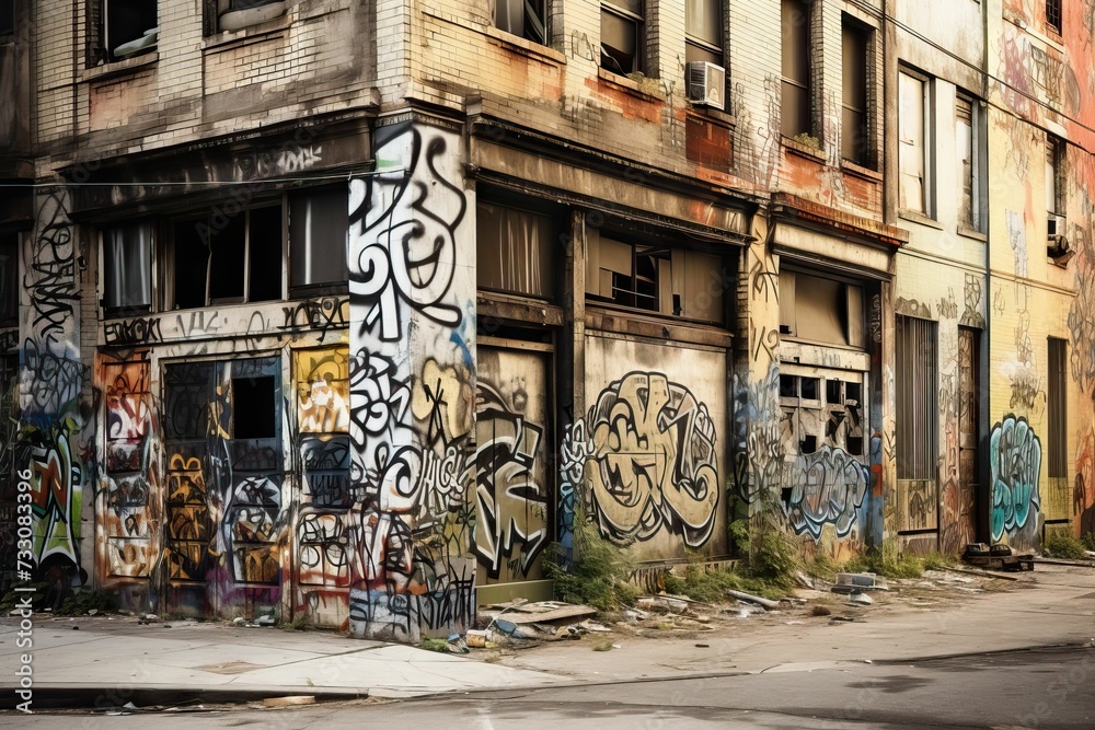 AI generated illustration of graffiti-covered abandoned building with broken windows