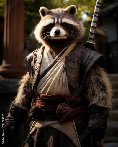 AI generated illustration of a raccoon wearing a costume and headpiece while holding two swords photo