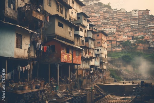 Vibrant favela neighborhood in Brazil, AI-generated. photo