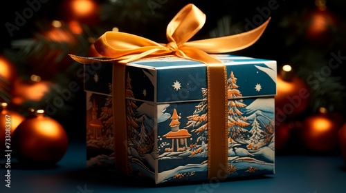 AI generated illustration of a wrapped gift with a gold ribbon bow on top photo