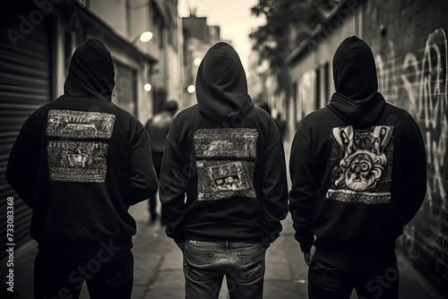 AI generated illustration of three young males standing on a sidewalk, wearing hooded clothing photo
