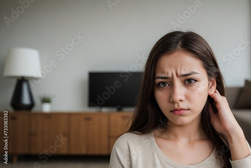 Young woman sitting in the living room and suffering from headache or illness.