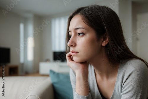 Young woman sitting in the living room and suffering from headache or illness.