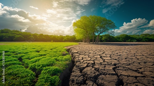 AI generated illustration of cracked road with resilient grass sprouting near it