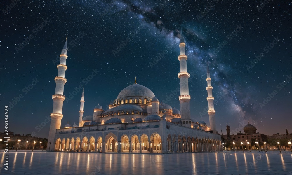 Cosmic Reverie: Arabic Mosque Transformed in Ramadan Glow