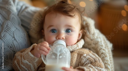 A baby in a sweater drinking from a bottle with blue eyes, AI