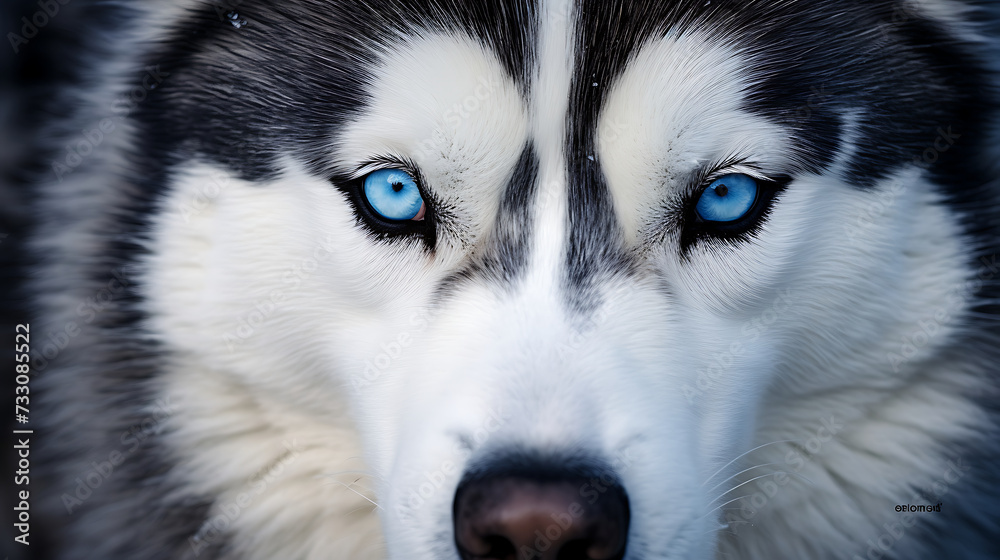 Husky with striking blue eyes and a thick fur coat