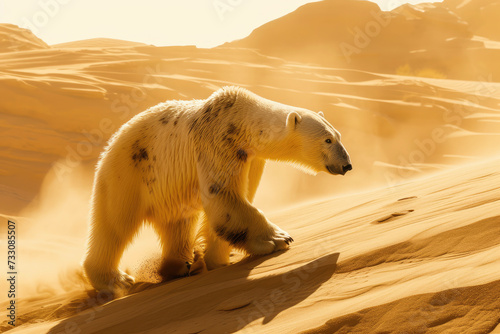 A polar bear walks through a hot sandy desert. concept of global warming and melting glaciers photo