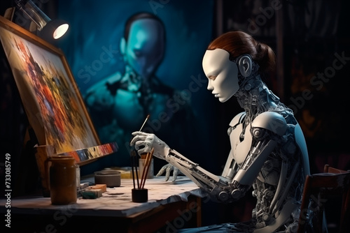 An android with artificial intelligence next to its artwork. Is artificial intelligence capable of creativity and creation?