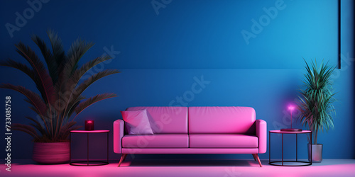 Modern neon minimalistic blue wall and pink colors sofa light palette Blue living room interior with and pillows. 3d rendering mock-up and two plant.