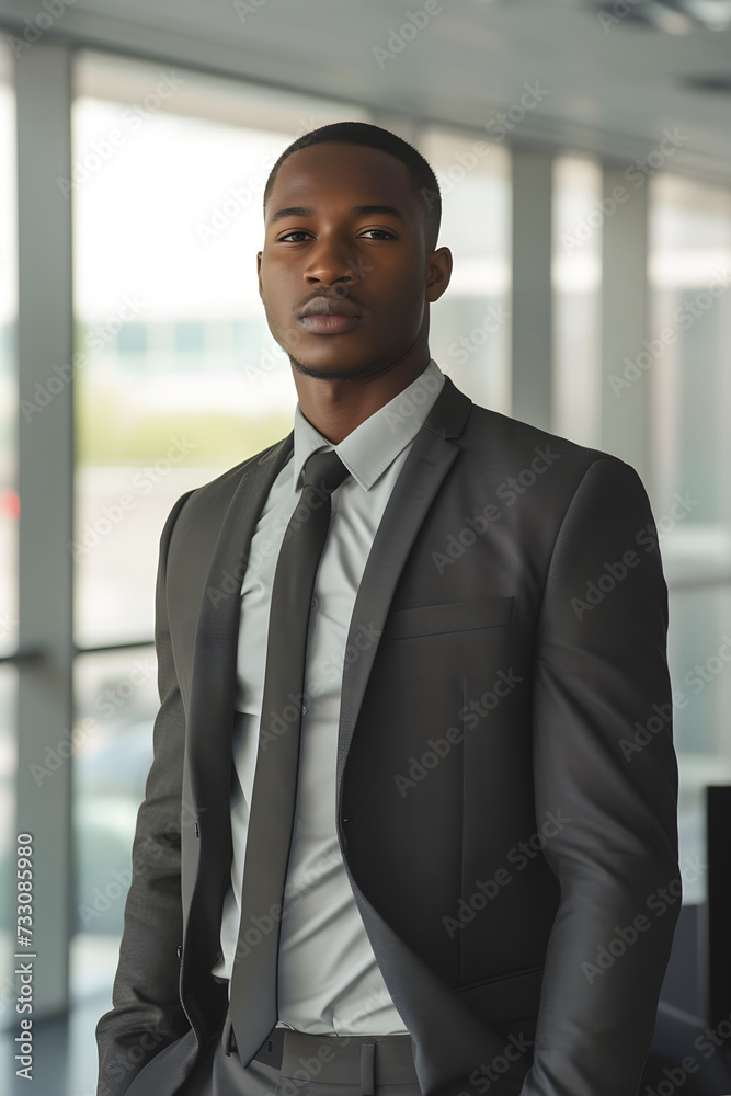 suit and tie. design for business man ad, black office worker. a recruitment or magazine ad for HR or manager, business man near window. businessman african american. ceo, manager or lawyer suit and tie. design for business man ad, black office worker. a recruitment or magazine ad for HR or manager, business man near window. businessman african american. ceo, manager or lawyer