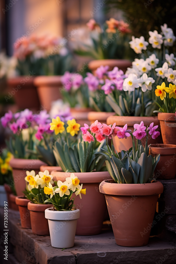 Spring flowers in pots. Happy Easter background. Seedlings and gardening Spring flowers in pots. Happy Easter background. Seedlings and gardening