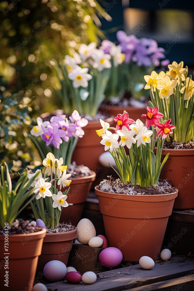 Spring flowers in pots. Happy Easter background. Seedlings and gardening Spring flowers in pots. Happy Easter background. Seedlings and gardening