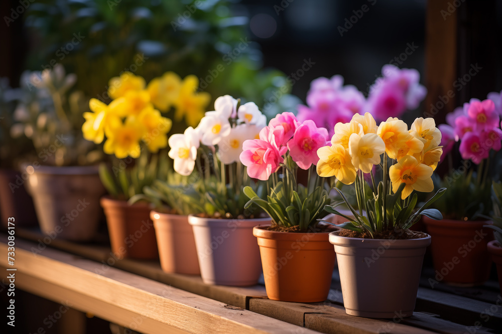 Spring flowers in pots. Happy Easter background. Seedlings and gardening