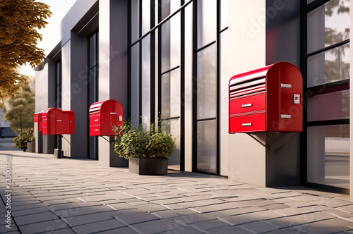 Red wooden Mailbox in an house residential building outside. Modern numbered mailboxes box outdoors, creative design mail backgrounds. Urban correspondence concept. Copy ad text space. Generated Ai photo