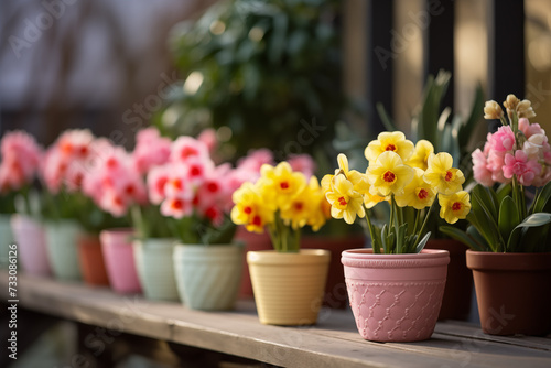Wallpaper Mural Spring flowers in pots. Happy Easter background. Seedlings and gardening Torontodigital.ca