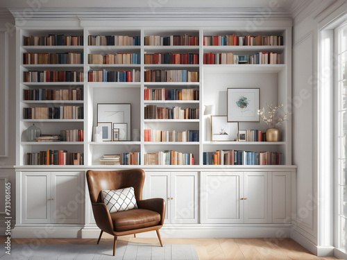 Cozy Reading Nook: White Wooden Bookcase Brimming with Books in UK Home Setting. generative AI