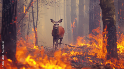 deer in a burning forest during a forest fire. death of animals from forest fire