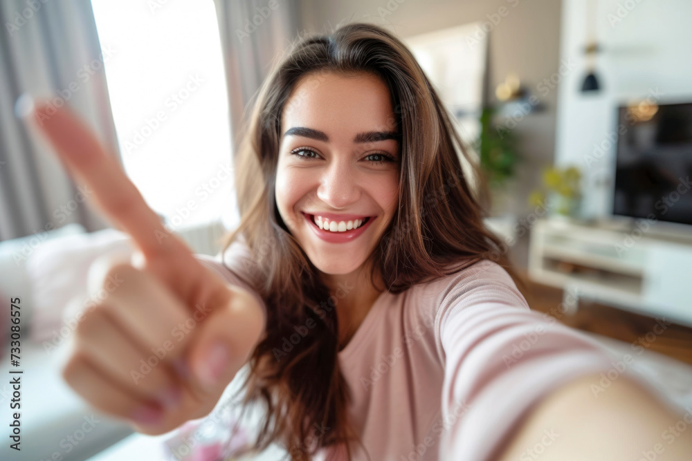 Female influencer showing like sign while vlogging at home. Female influencer showing like sign while vlogging at home.