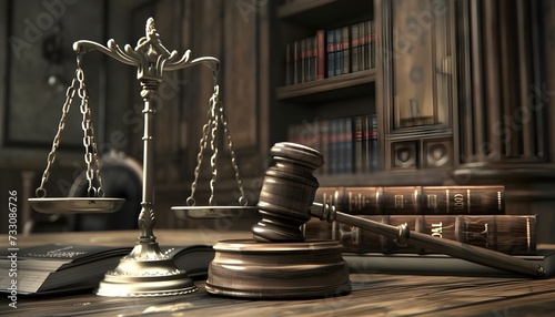 Judge gavel, scales of justice and law books in court