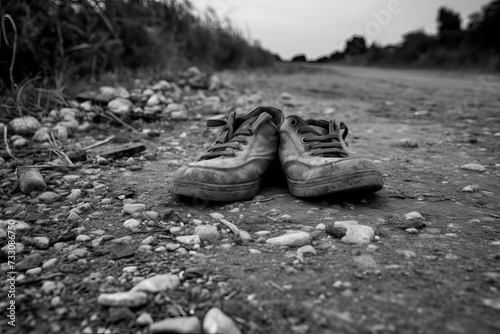 AI generated illustration of a pair of shoes abandoned on a deserted road or pathway