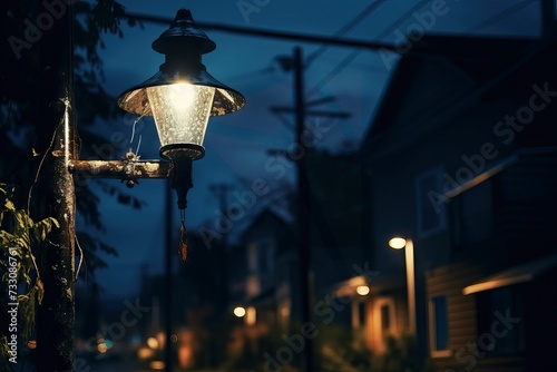 AI generated illustration of a street light pole illuminated at night with a single white lightbulb