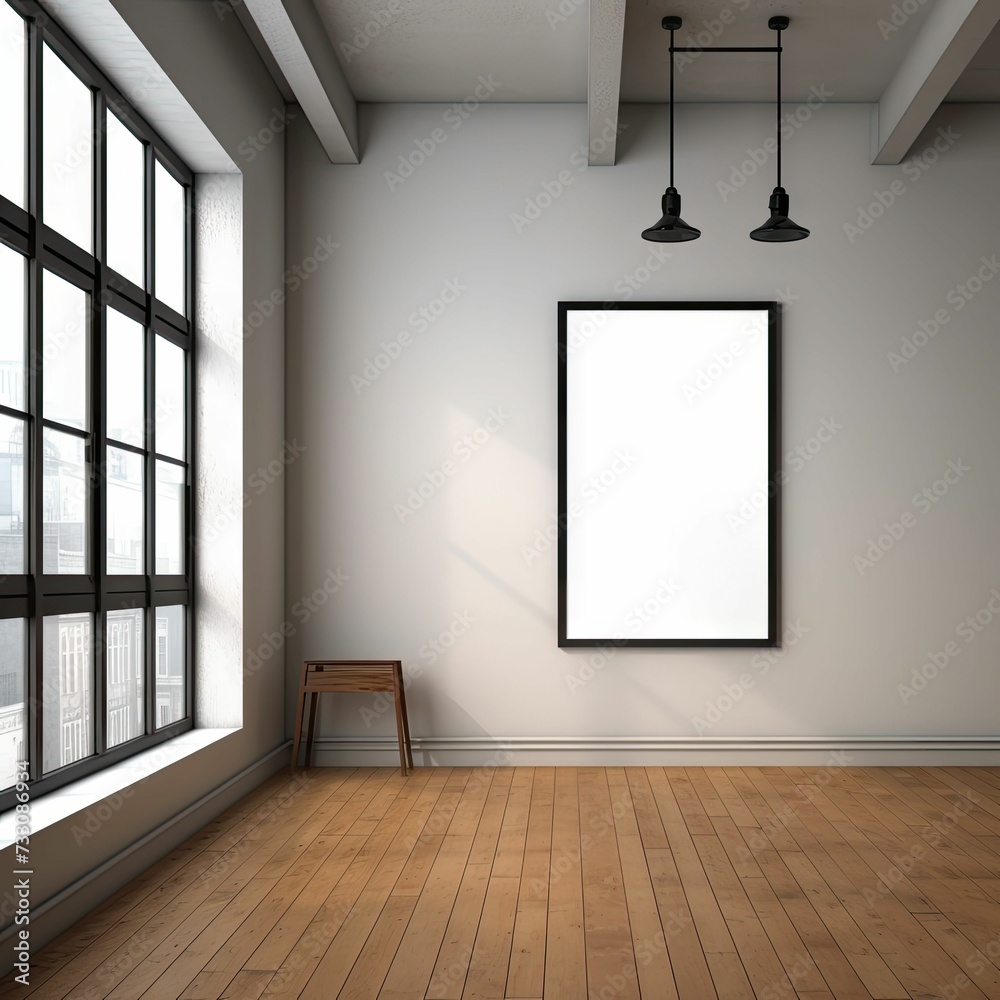 AI generated illustration of an interior of a room with a large empty frame on one wall AI generated illustration of an interior of a room with a large empty frame on one wall