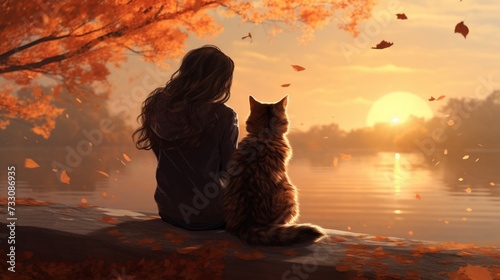 Against a backdrop of falling leaves, a young woman and her cat share a moment of tranquility, their connection echoing the beauty of the changing seasons.