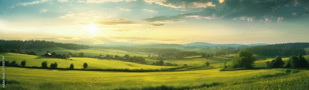 Beautiful landscape of a green field with lush trees illuminated by golden sunlight.