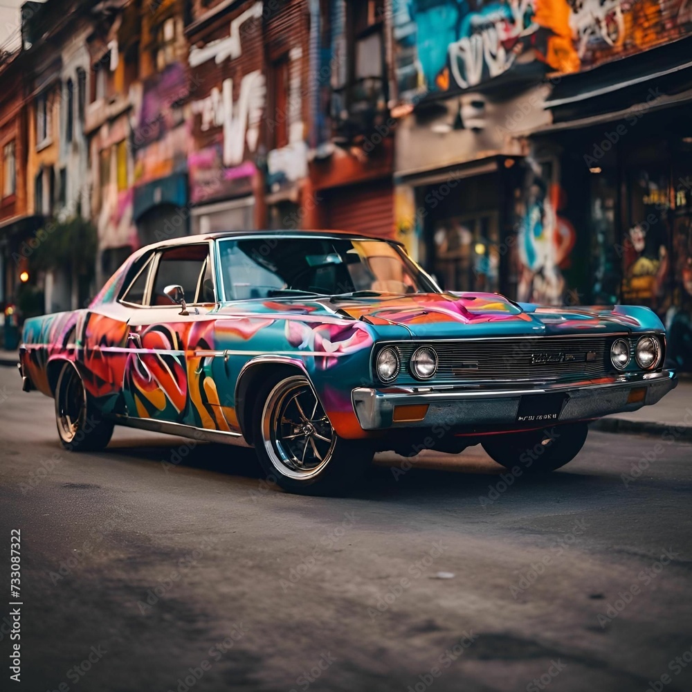 AI generated illustration of a vibrant car with colorful graffiti designs parked on the street