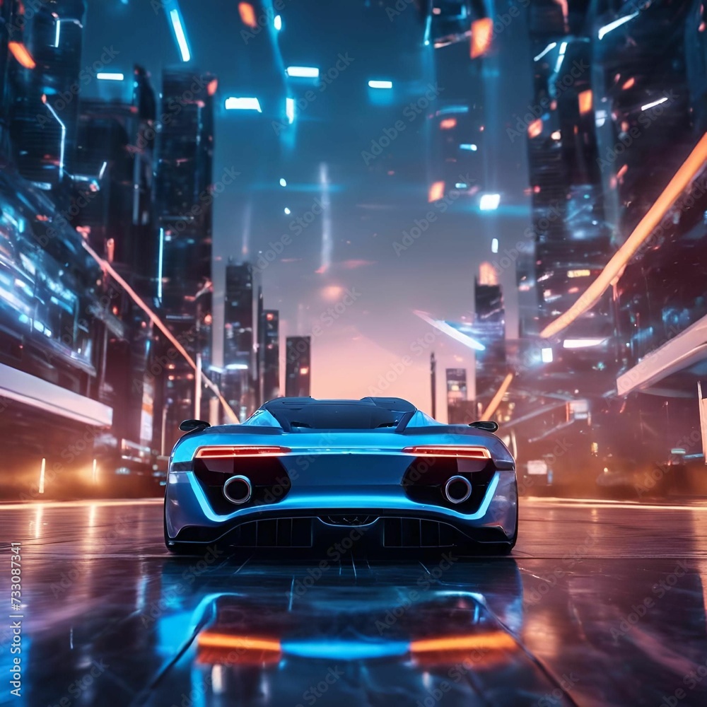 AI generated illustration of a sleek futuristic car in neon lights