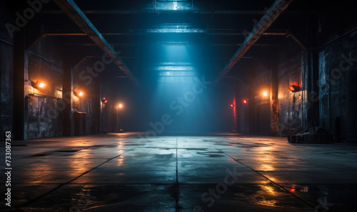 Mysterious empty warehouse interior with dim lighting and fluorescent lamps highlighting the spacious industrial atmosphere and dark, grungy walls © Bartek