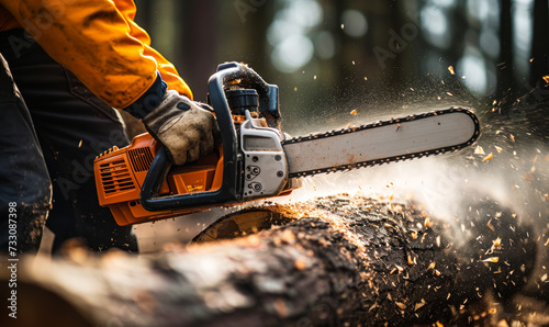 Skilled lumberjack using a chainsaw to cut a log, sawdust flying around as the powerful tool slices through the wood in a forested area photo