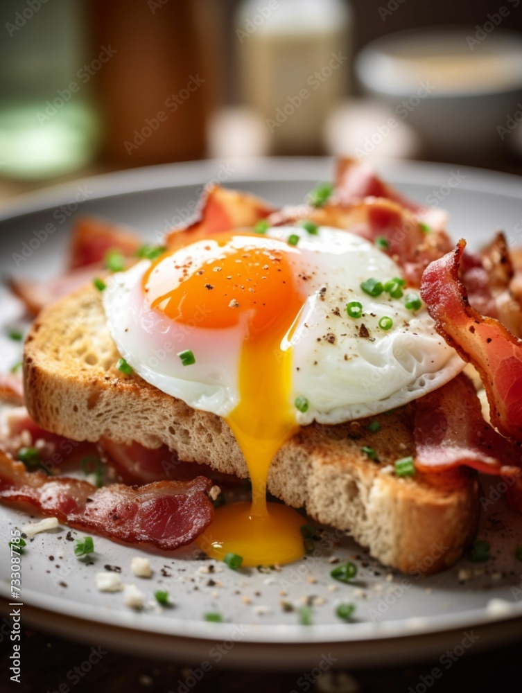 AI generated illustration of a breakfast plate with a fried egg and bacon strips