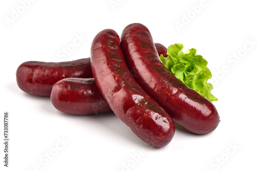 Grilled pork sausages, Oktoberfest dishes, isolated on white background.